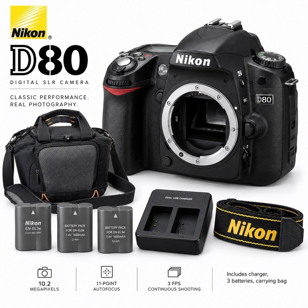 Nikon D80 10.2MP DSLR Digital Camera Body ERR + 3 Batteries With Charger + Bag
